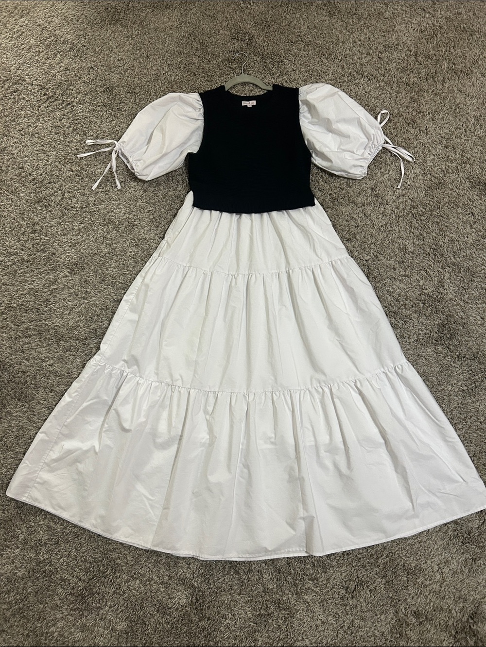 Anthropologie (Dot & Lu) Black Knit Bodice White Tiered Puff-Sleeve Maxi Dress.